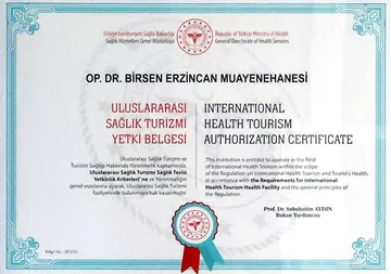 Op. Dr. Birsen Erzincan Muayenehanesi adına düzenlenmiş Uluslararası Sağlık Turizmi Yetki Belgesi